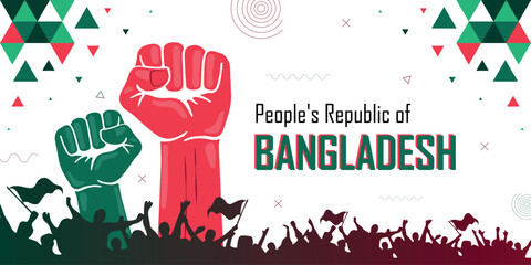 People cheer for Bangladesh, nation flag color combination patriot banner, geometric abstract background, raised fist, human hand, national celebration, strike, parade, riot, protest or rally