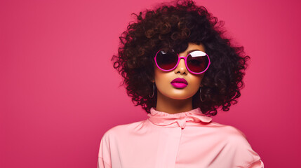 A joyous ebony female models a vintage, unique ensemble styled with fashionable sunglasses for a retro-cool effect. - obrazy, fototapety, plakaty