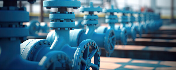 Huge valves on industrial pipes blue or red colour. generative ai