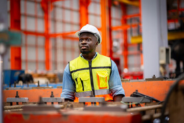 Young male engineer in metal sheet factory Responsible work is being inspected at the actual work...