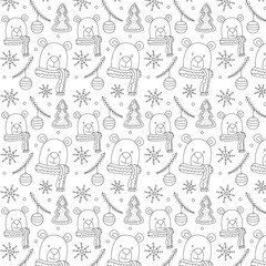 Seamless pattern with cute polar bear, fir branch, Christmas toy. Winter kids character bear cub in warm scarf. Christmas design of paper, fabrics, textiles, wallpaper. Vector illustration, doodle