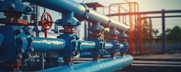 Huge valves on industrial pipes blue or red colour. generative ai