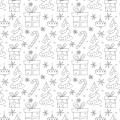 Seamless Christmas pattern. Christmas tree, lollipop, gift box with bow, Christmas toy. Christmas design of paper, fabrics, textiles, wallpaper. Vector illustration, doodle