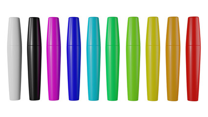 Set of colorful bottles of mascara isolated on transparent and white background. Cosmetic concept. 3D render