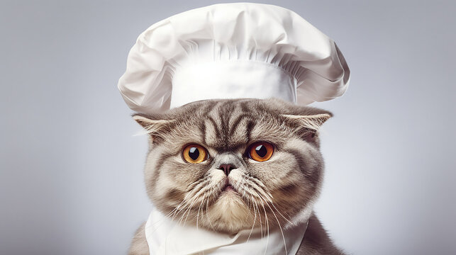 Cute serious gray cat in white chef's hat on gray background. Cat in the form of cook. Copy space. Close-up.
