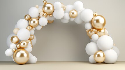 Obraz na płótnie Canvas Generative AI, arch of white and golden balloons. Mock up for wedding, Christmas or other holiday 3d background 