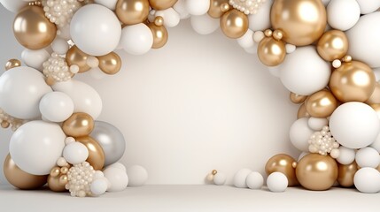 Fototapeta na wymiar Generative AI, arch of white and golden balloons. Mock up for wedding, Christmas or other holiday 3d background 