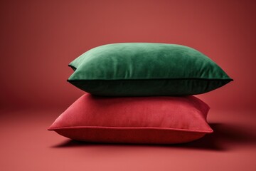 Red and green velvet pillows piled on top of each other on a red background