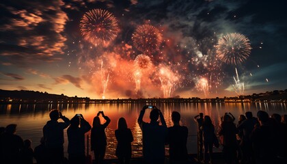 Big fireworks silhouetted people in the foreground watching - obrazy, fototapety, plakaty
