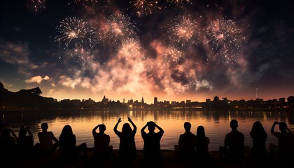 Fototapeta premium Fireworks with people in the foreground watching
