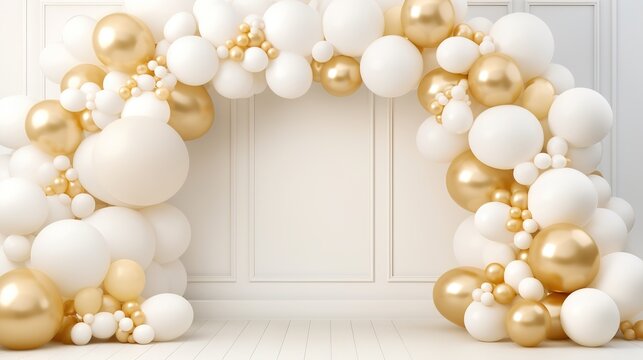 Generative AI, arch of white and golden balloons. Mock up for wedding, Christmas or other holiday 3d background	