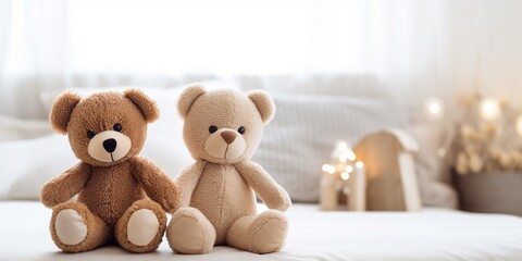 Two cute teddy bear toys sit on the clean bed lean on each other, fairy lights aside, concept of romantic relationship, valentine's day and still life.