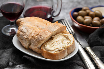 Bread with homemade hummus , middle east food