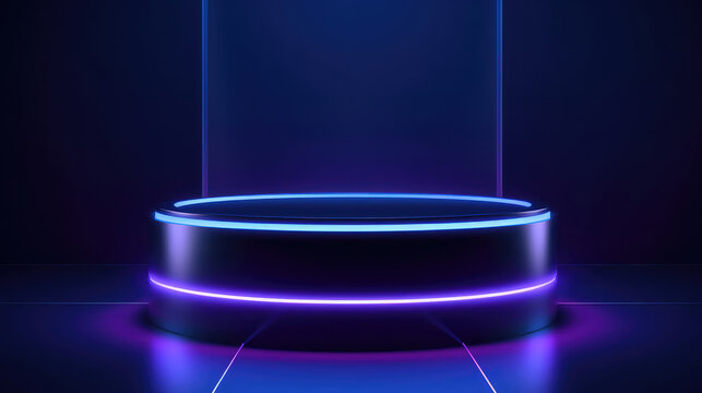 Dark blue illuminated cylindrical podium on a pedestal