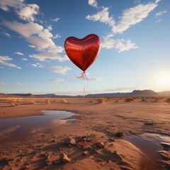 Red heart balloon in desert landscape