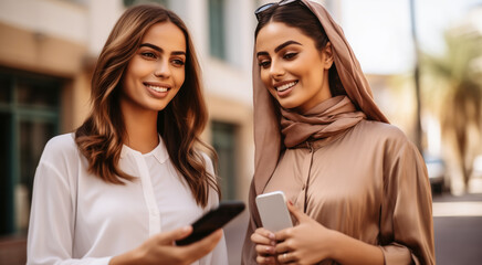 Arab Female Friends Making Digital Connections on the Street