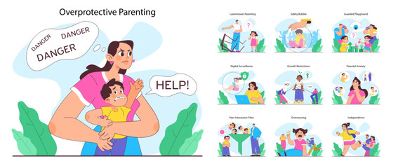 Overprotective parenting set. Children and parents in various situations experiencing anxiety, anger or confusion. Boys and girls suffering from excessive care. Flat vector illustration