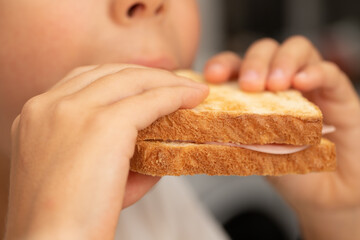 child boy eats food, sandwich, close-up mouth