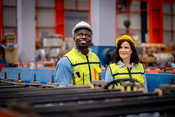 Team of young male and female engineers in a metal sheet factory Responsible work is being inspected at the actual work site.