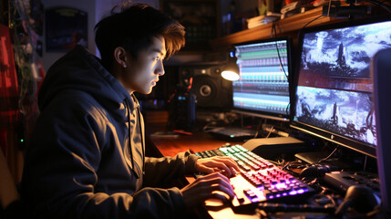 Fototapeta premium A digital native teenager editing a video on a high-performance computer with multiple monitors