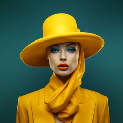 A fashion model in a yellow hat and jacket.