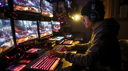 A digital native teenager editing a video on a high-performance computer with multiple monitors