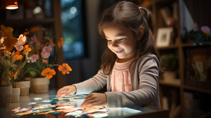A child laughing while playing an interactive educational game on a tablet
