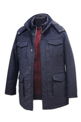 men's winter jacket with a hood with zippers and fasteners on an isolated background