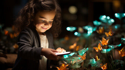A young child exploring augmented reality on a mobile device, chasing digital butterflies