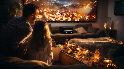 A family watching a digital projector screen on a cozy movie night at home - obrazy, fototapety, plakaty