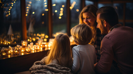 A family watching a digital projector screen on a cozy movie night at home