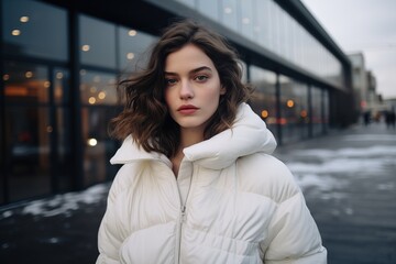 Portrait of a female model, street background, winter scene, beautiful shot
