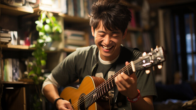 A teenager learning to play a musical instrument with the help of digital tutorials