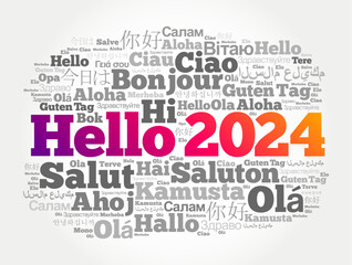Hello 2024 word cloud in different languages of the world, concept background
