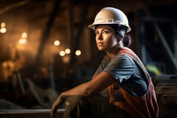 portrait of female construction worker in hardhat sitting on the floor