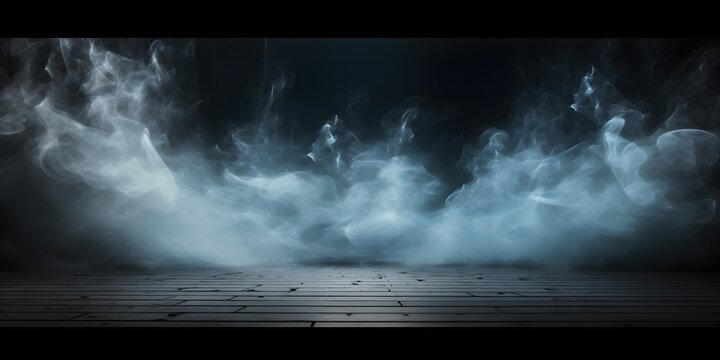 Abstract image of dark room concrete floor. Black room or stage background for product placement.Panoramic view of the abstract fog. White cloudiness, mist or smog moves on black background..
