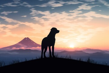 Silhouette of a dog with sunrise over Mt. Fuji. Generative AI
