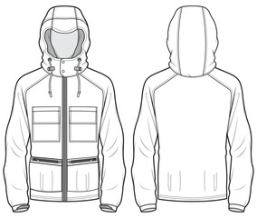 Protective Hoodie jacket design flat sketch Illustration, cargo pocket Hooded sweater jacket with front and back view, winter jacket for Men and women. for hiker, outerwear and workout in winter