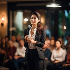 Asian businesswoman giving a presentation at a seminar about business