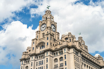 Fototapeta na wymiar The Royal Liver Building in Liverpool with Bertie and Bella, historic landmark