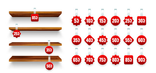 Obraz premium Store shelves with supermarket promotional wobblers. Wooden product shelf and advertising wobbler with percent discount. Grocery wall rack. Sale label, special offer price tag. Vector illustration