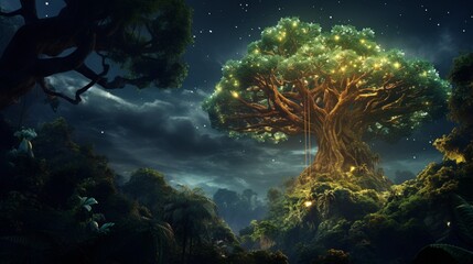A majestic, ancient Euphorbia tree with bioluminescent leaves in the midst of a lush, mystical forest, full ultra HD,