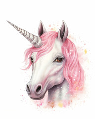 Retrato unicornio sobre fondo blanco, ilustración animada creada por IA, cuadro infantil