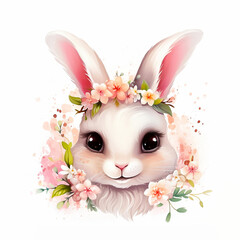 retrato conejo adorable en fondo blanco, ojos tiernos, adornado con flores, ilustración anime infantil, creado por IA