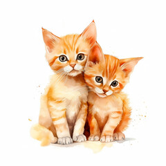 retrato de dos gatos pequeños adorables color naranja en fondo blanco, ilustración creado por IA