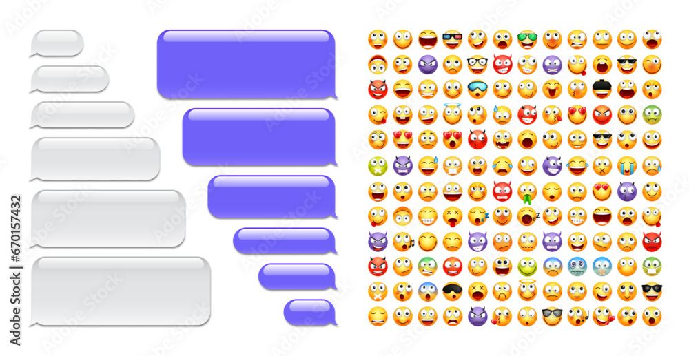 Aufkleber blank message bubbles with emoji. violet chat or messenger speech bubble. sms text frame. short mess
