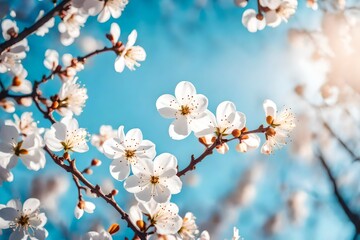 Branch with white blooming apple flowers on the background of the clear blue sky