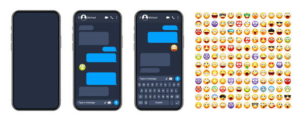 Smartphone messaging app, user interface with emoji. SMS text frame. Chat screen, blue message bubbles. Texting app for communication. Social media application. Dark mode. Vector illustration
