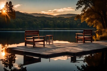 Two wooden chairs bench on a wood pier overlooking a lake at sunset