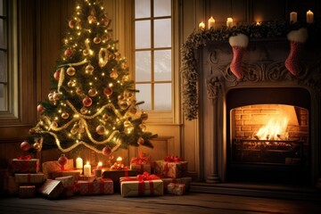 Obraz premium In a warmly decorated room, a festive Christmas tree by the fireplace sets the scene for a cozy holiday celebration......
